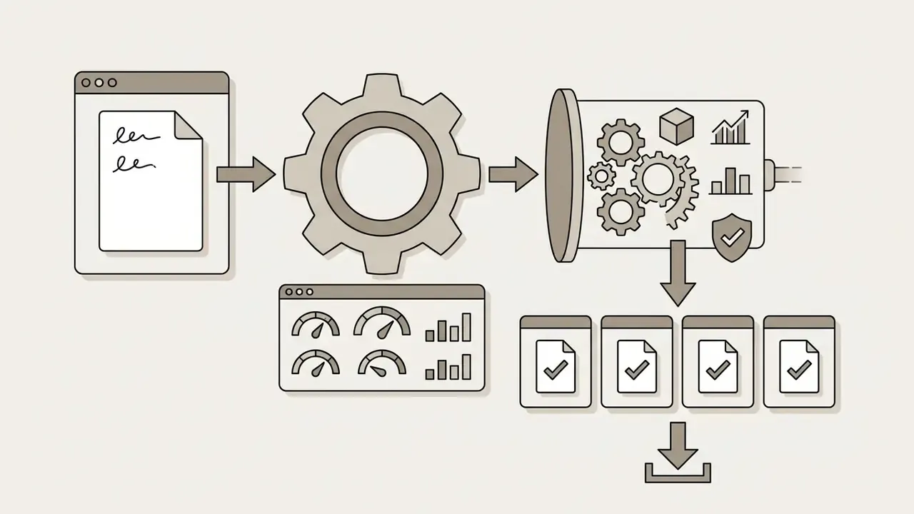 Document processing sequence showing a file moving through gears and a dashboard to generate verified outputs