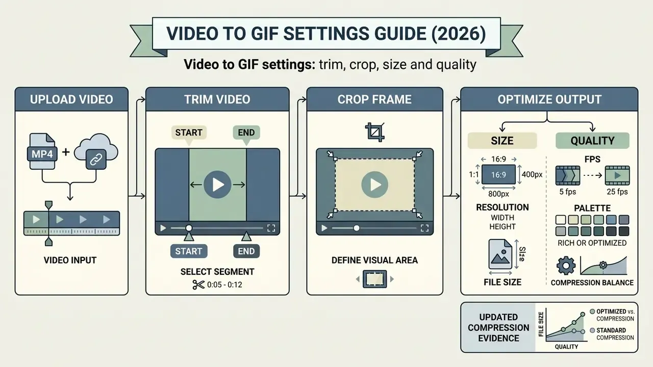 Step-by-step infographic showing how to trim, crop, and optimize video files for conversion