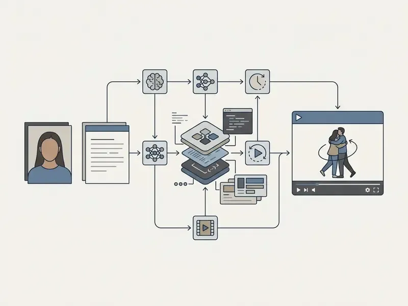 Technical schematic showing how an ai hug video generator transforms source photos into animated clips