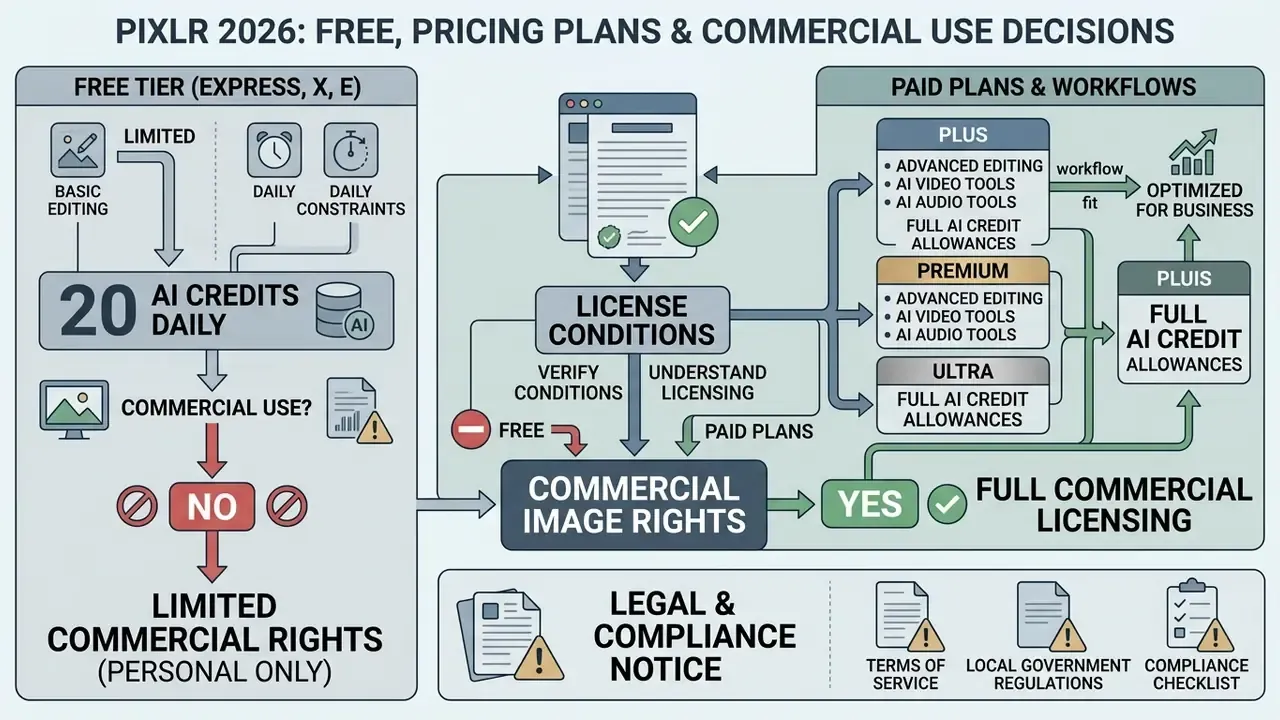 Comparison of free and paid subscription tiers regarding AI credit limits and commercial licensing rights