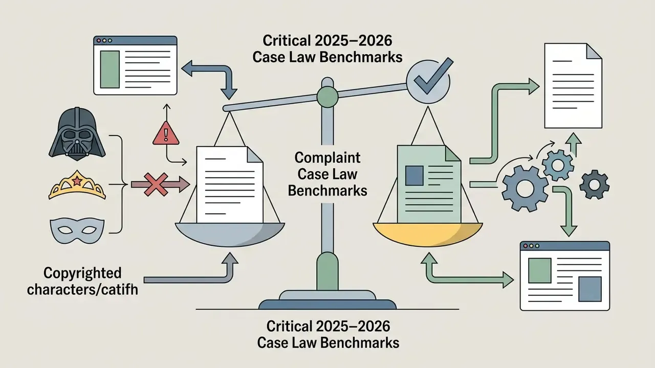 Balance scale weighing legal documents against character icons and gear-driven digital processes