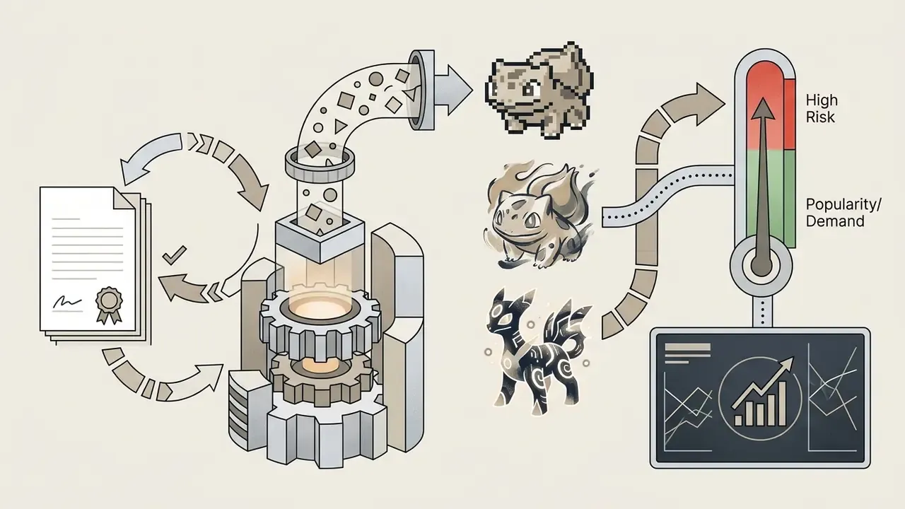 Gear mechanism transforming documents into creature designs measured against popularity and risk levels