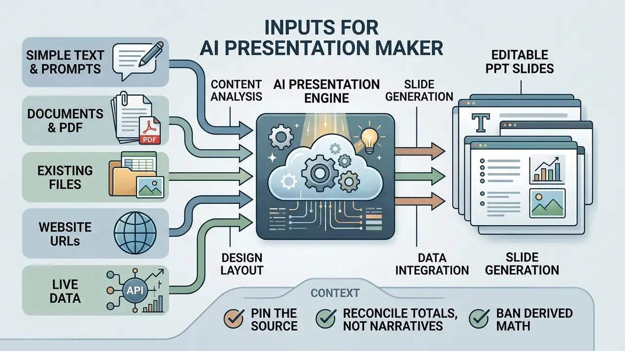 Diagram showing various file and text inputs processed by an AI engine into editable presentation slides
