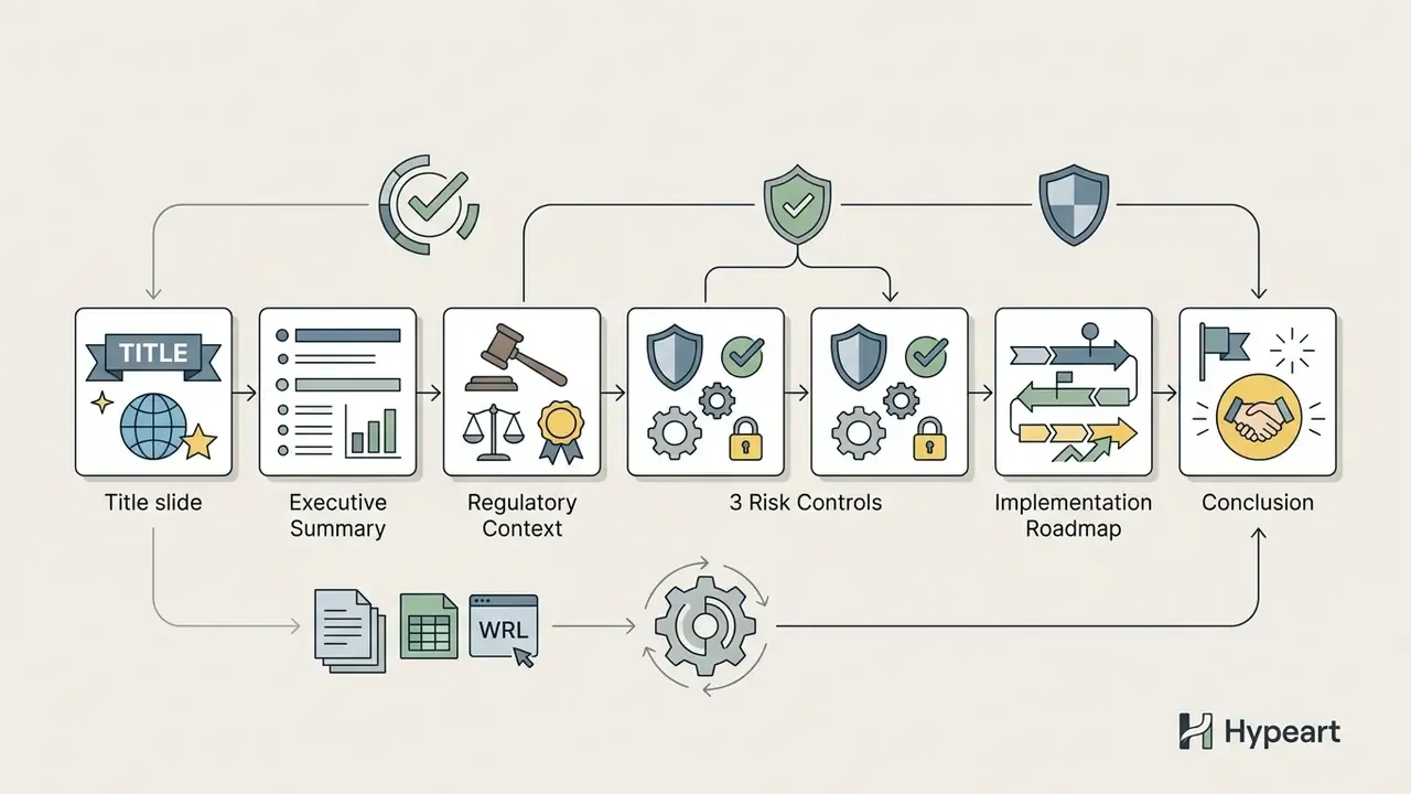 Linear sequence of eight slide icons representing a structured presentation workflow with feedback loops