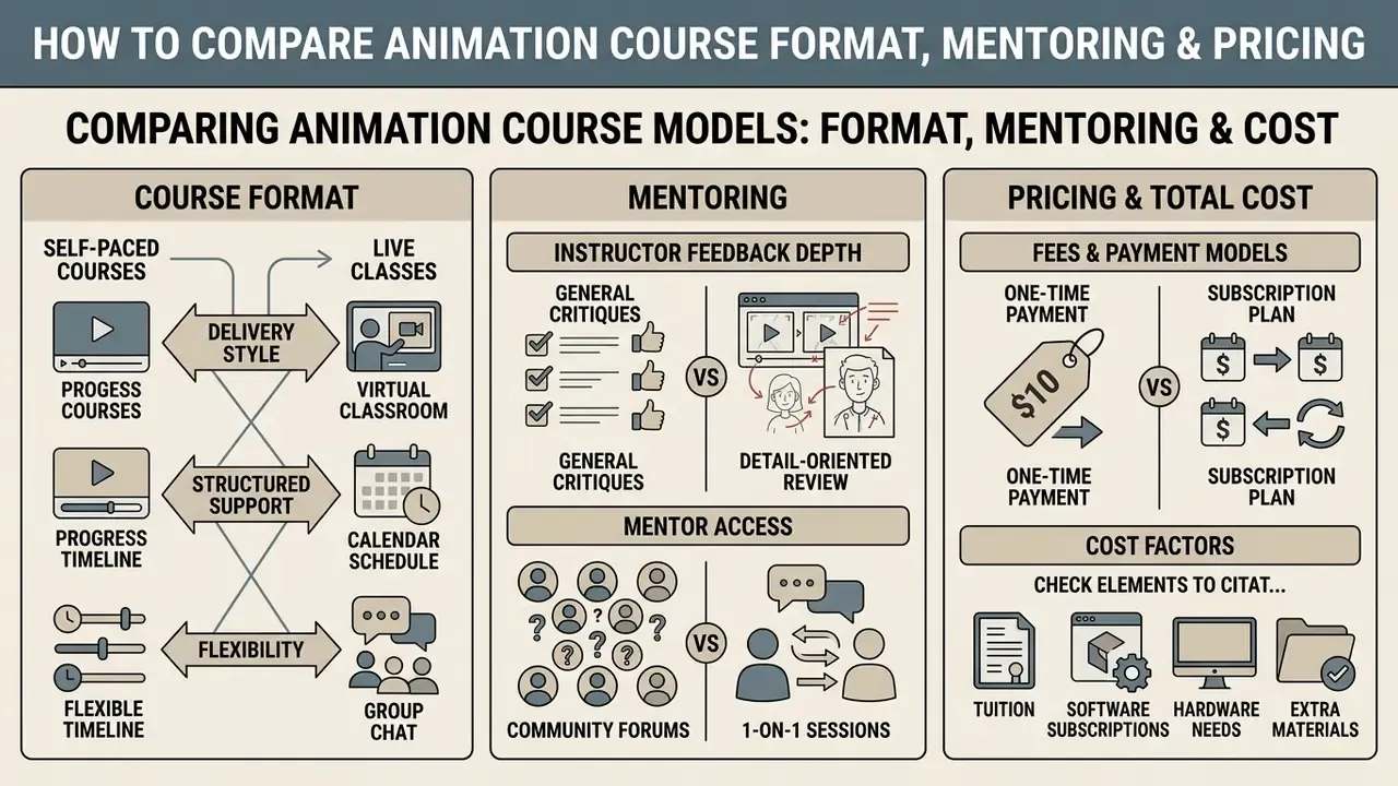 Comparison chart outlining animation course delivery styles, mentoring approaches, and payment structures