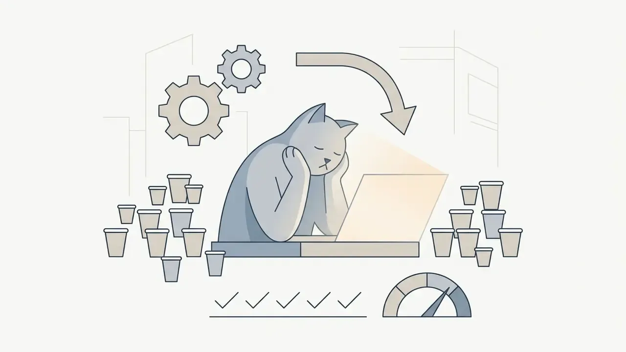 Exhausted cat at a laptop surrounded by coffee cups with gears and a speed gauge in the background