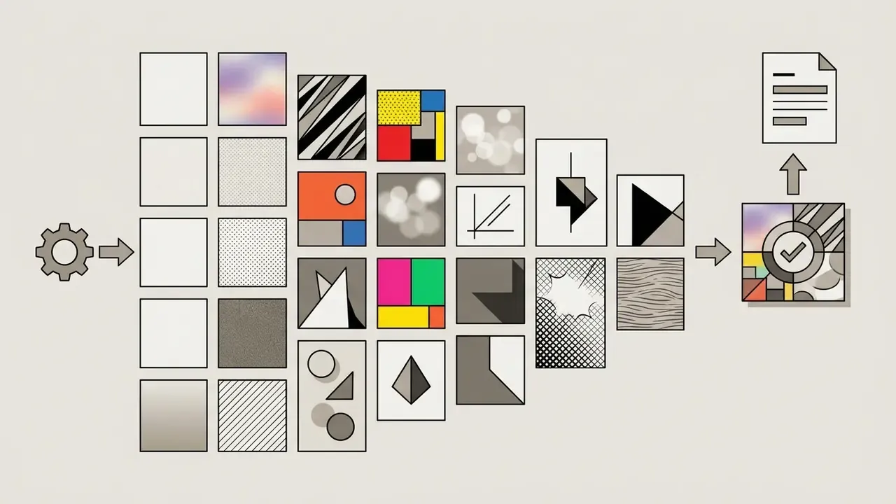 Gear icon feeding into a funnel of diverse artistic style squares that merge into a final document icon