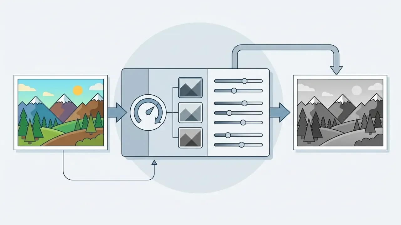 Diagram showing a color landscape photo being processed through filter and slider controls into grayscale