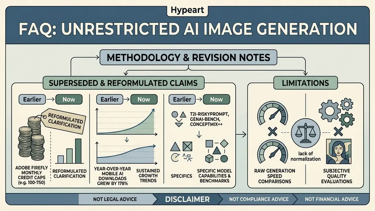 Infographic comparing superseded claims and limitations for unrestricted AI image generation systems