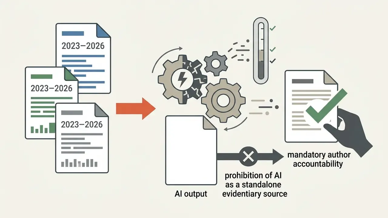 Policy documents feeding into a gear processor to emphasize author accountability over AI output