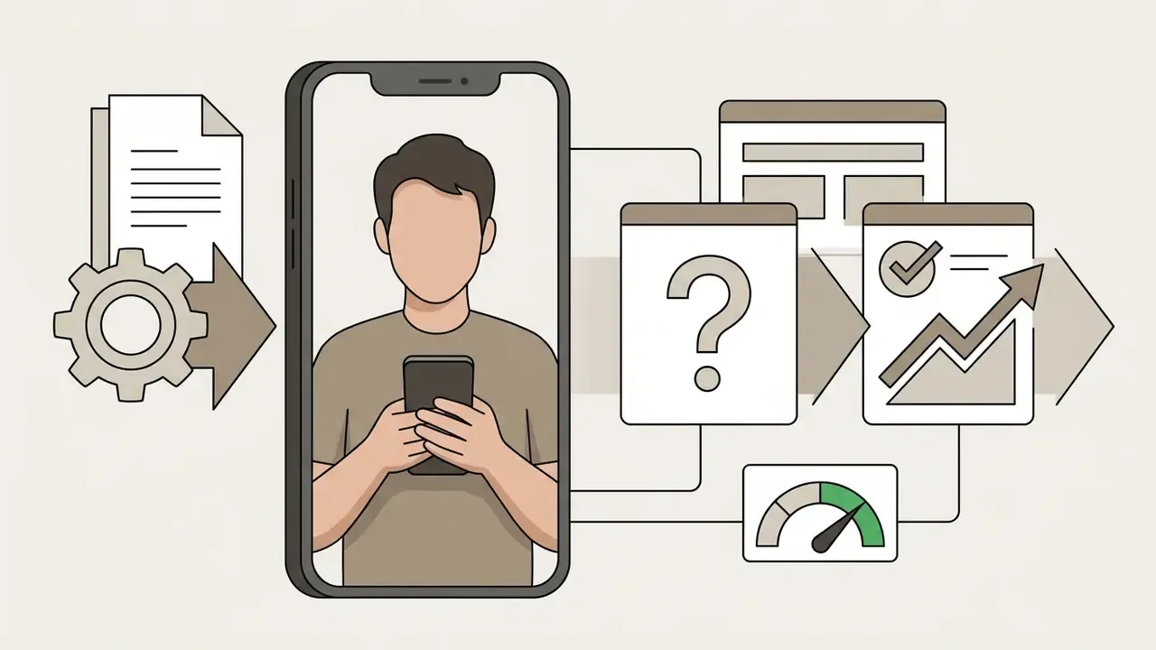 Person on a smartphone screen moving through a sequence of a question mark, a checklist, and a growth chart