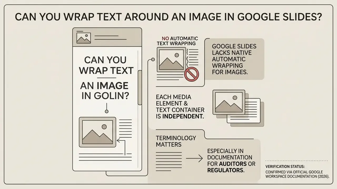 Infographic explaining that Google Slides lacks native automatic text wrapping for independent elements