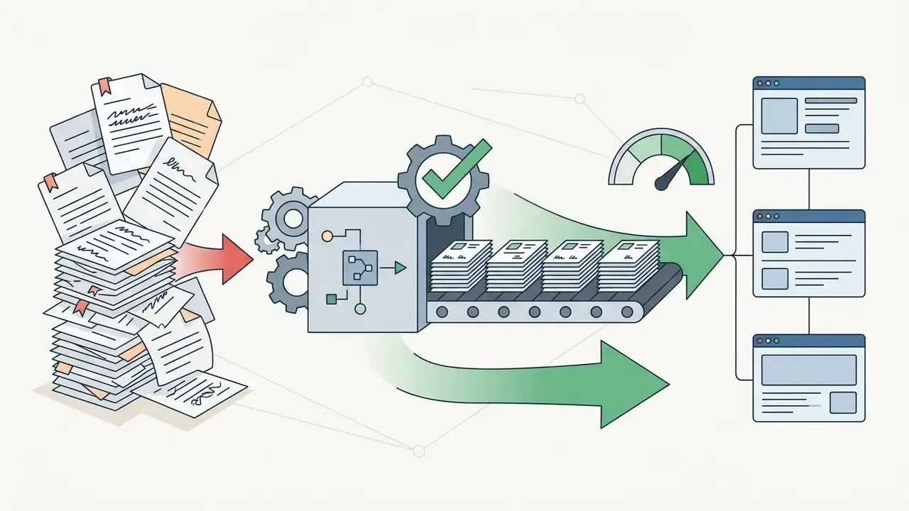 Large stack of documents feeding into an automated machine that outputs organized digital content