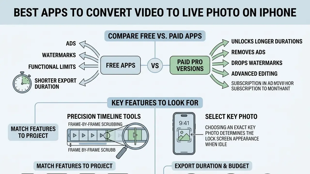 Comparison chart detailing differences between free and paid video conversion apps and key selection criteria