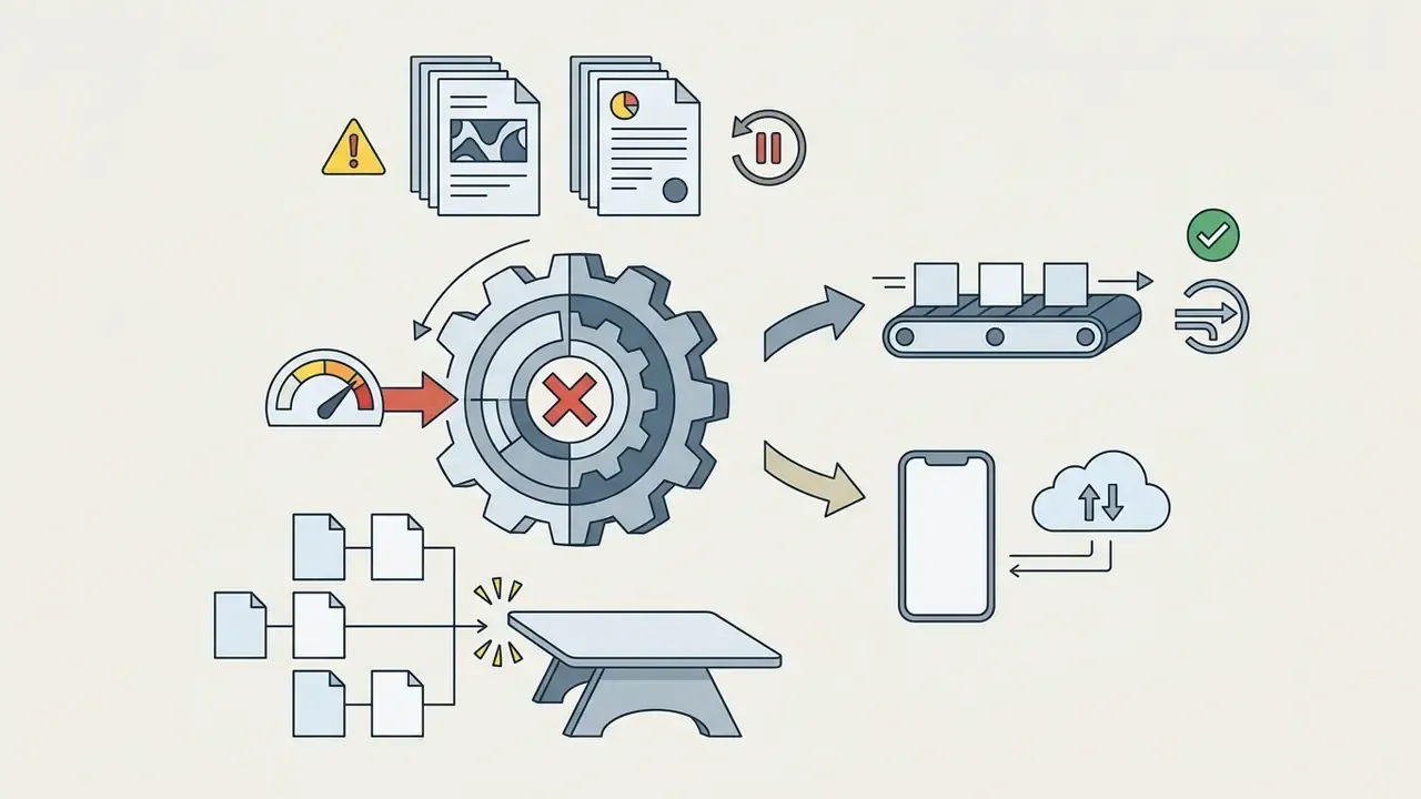 Central gear with an error symbol connected to stalled documents, a conveyor belt, and mobile cloud sync
