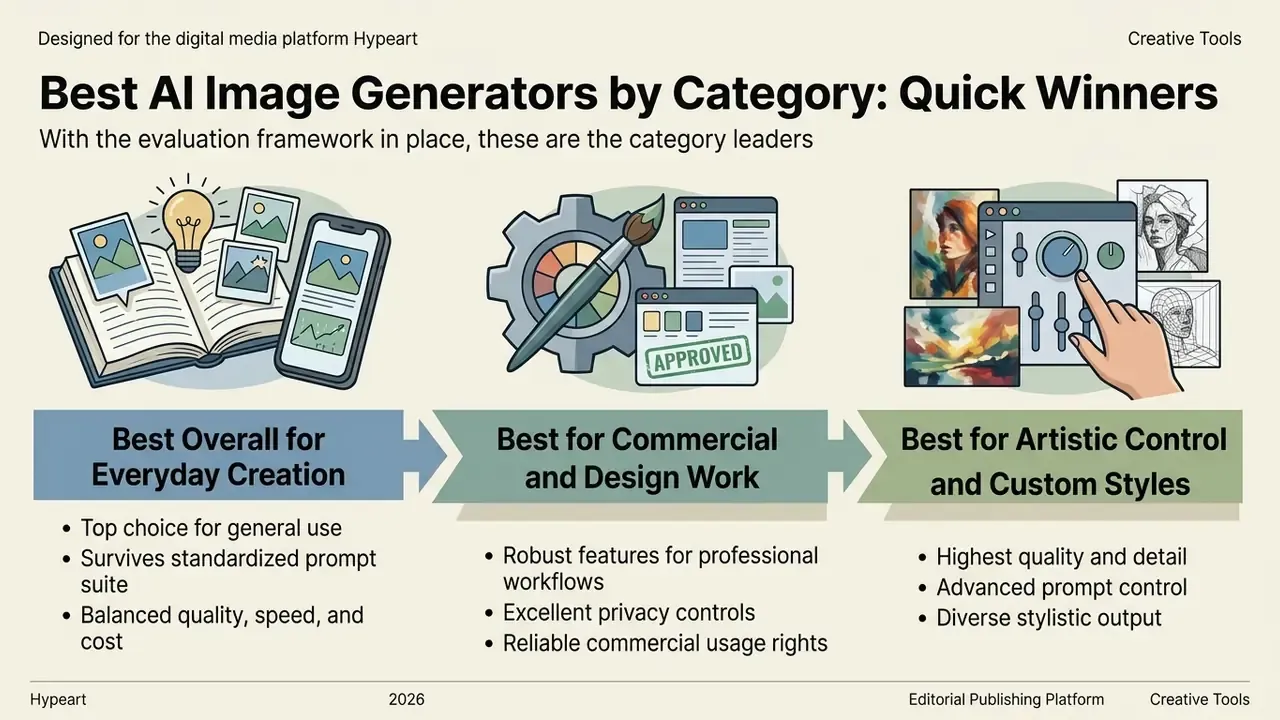 Summary chart categorizing top AI image generators by their primary use cases and key performance strengths