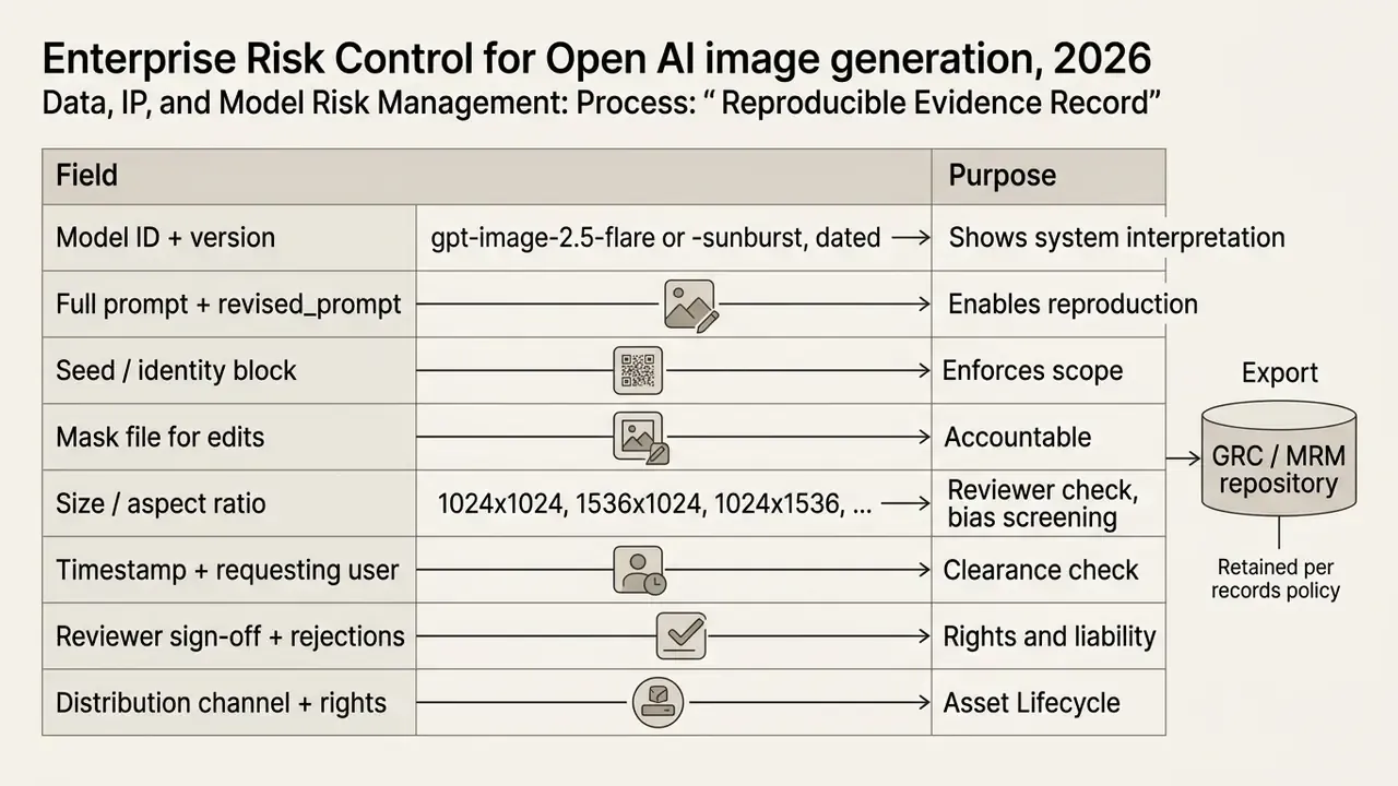 Table mapping metadata fields to their governance purposes for tracking OpenAI image generation assets