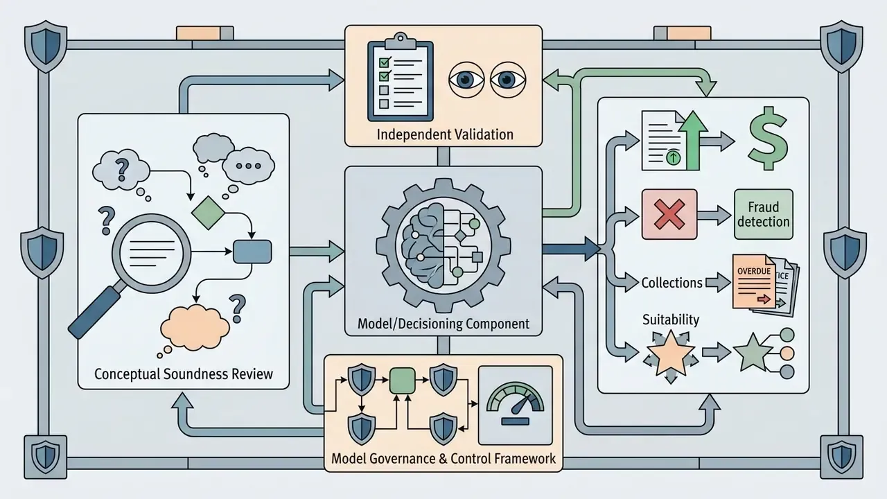 System map showing AI model decisioning components connected to validation, governance, and outcomes