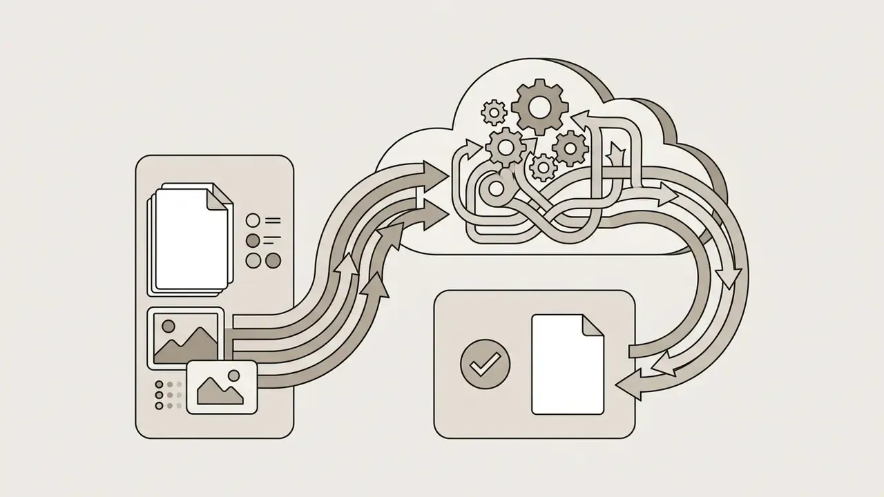 Mobile device sending media files to a cloud server for processing and returning a completed document