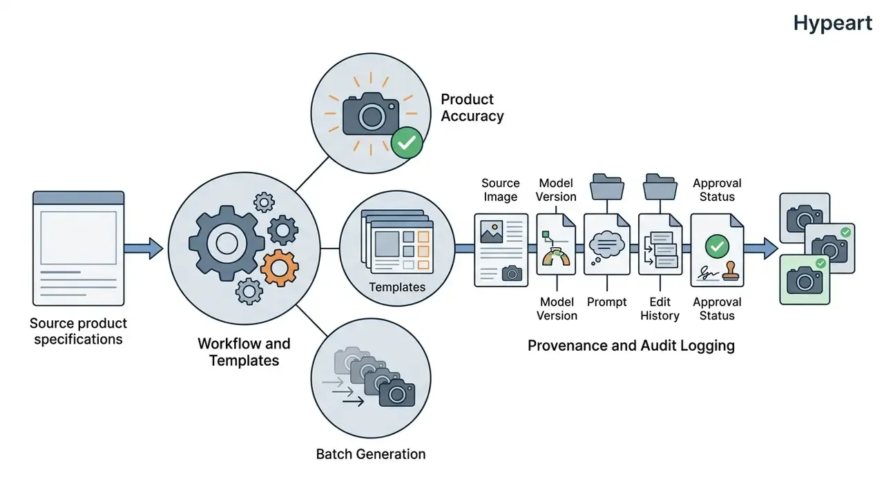 Workflow showing source specifications feeding into audit logging for AI product photography assets