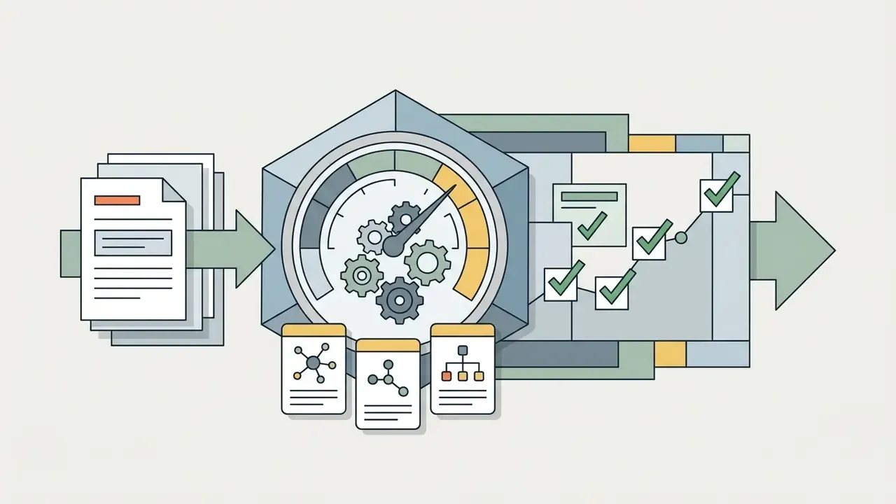 Files moving through a gauge and gear hub to be analyzed and marked with completion checkmarks