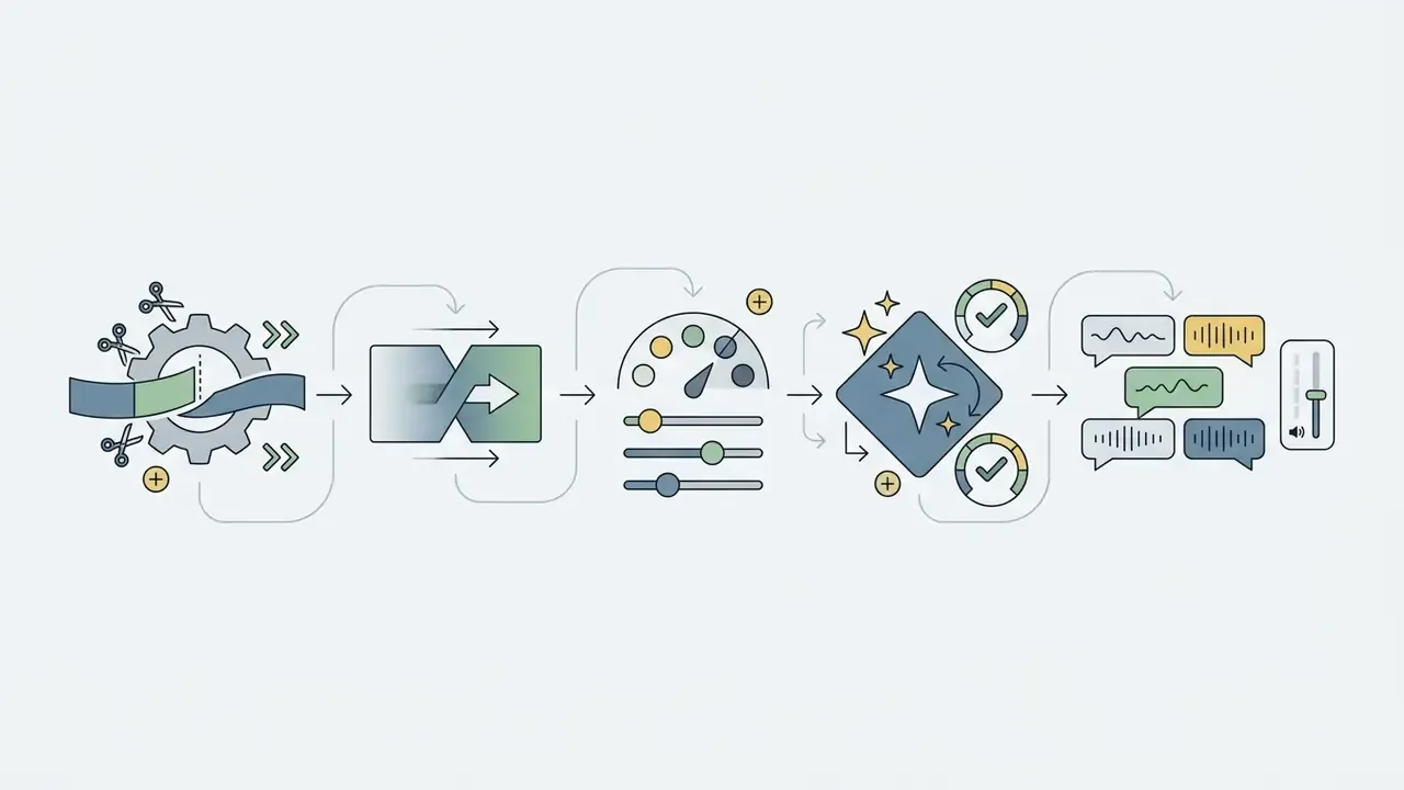 Sequence of icons showing video trimming, transitions, adjustments, AI effects, and audio track balancing