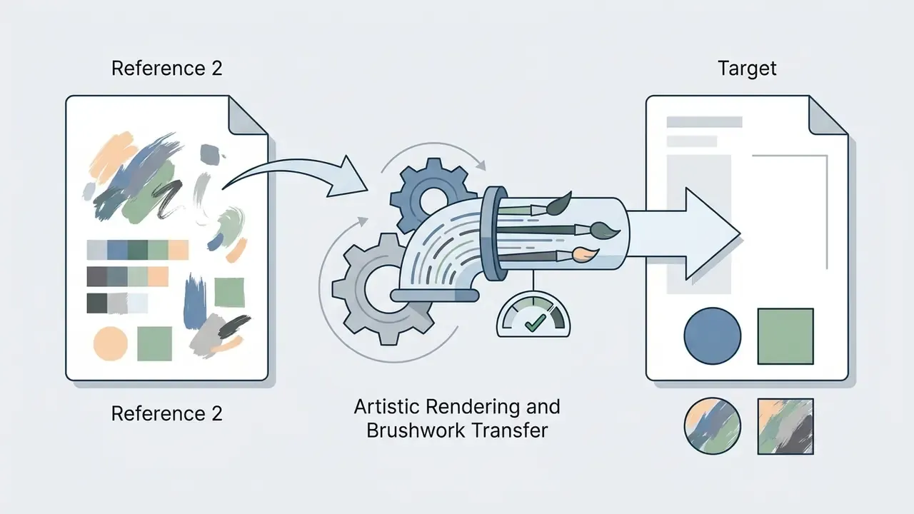 Gears and brushes processing a style reference document to apply artistic rendering to a target image