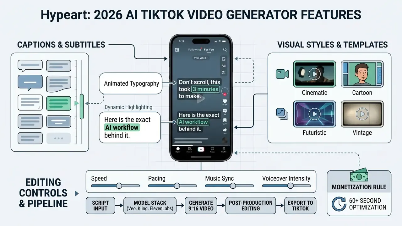 Smartphone screen displaying video creation tools for captions, visual styles, and editing adjustments