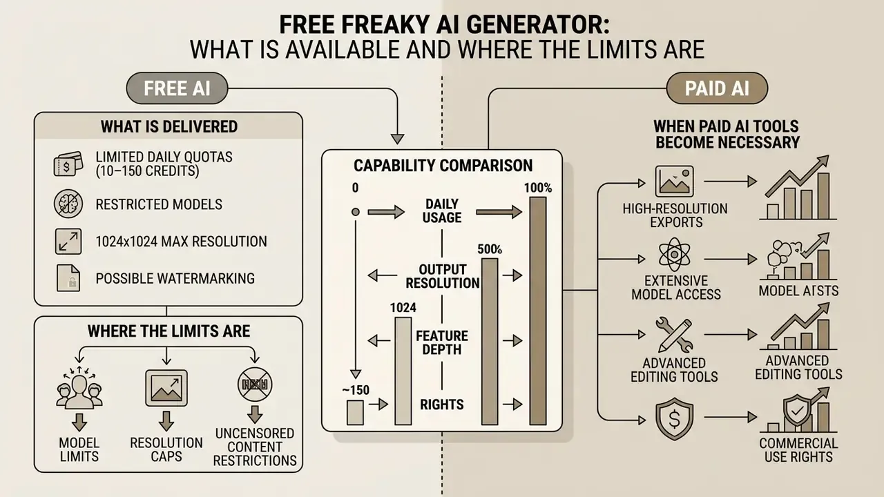 Comparison chart showing differences in features, usage limits, and capabilities between free and paid AI tools