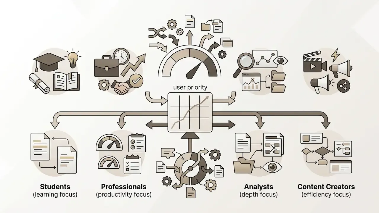 Icons representing students, professionals, analysts, and content creators branching from a user priority grid