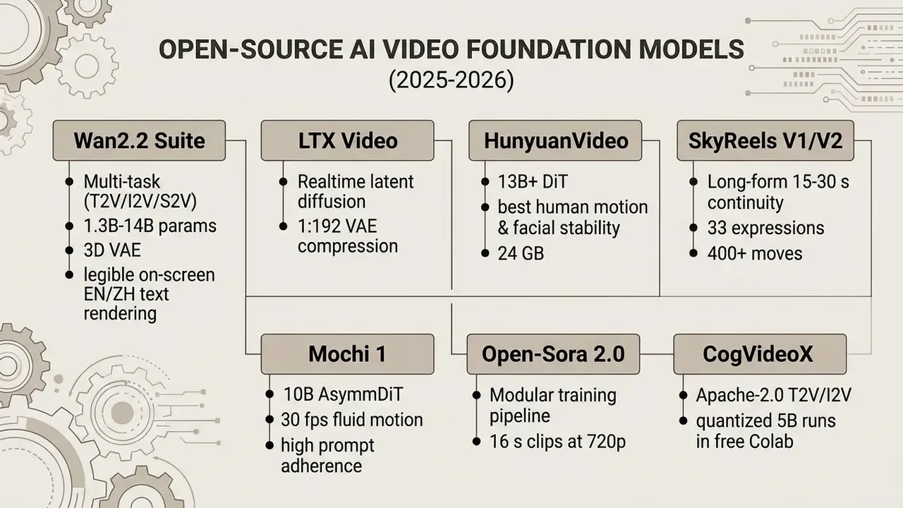Table listing technical specifications for various open source AI video generator foundation models