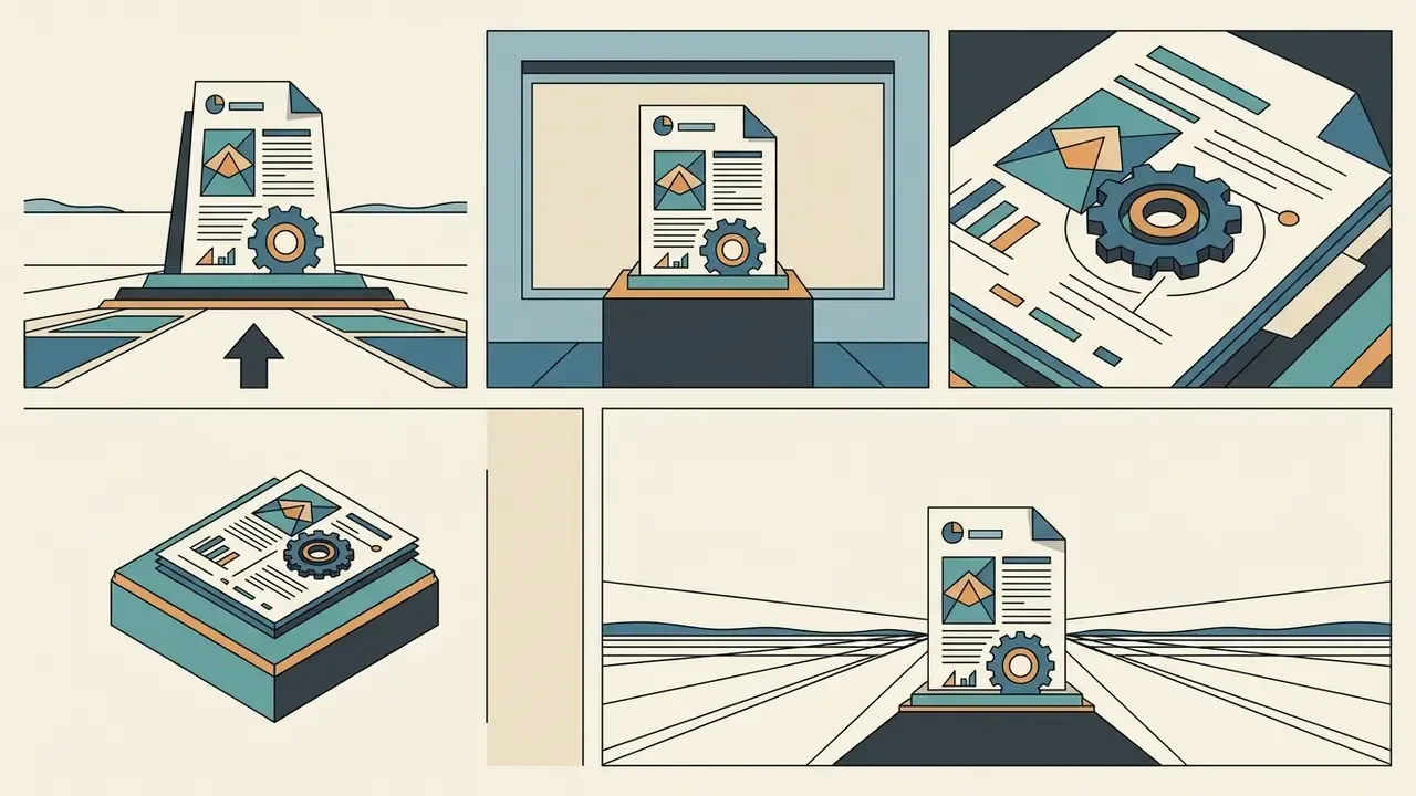 Five panels showing documents with gear icons in various perspectives and framing styles