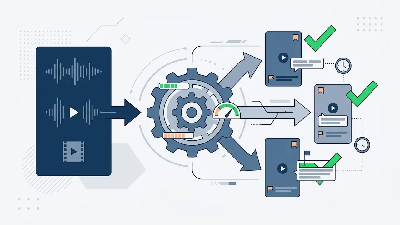 Audio and video data flowing through a central processing gear into verified short video clips