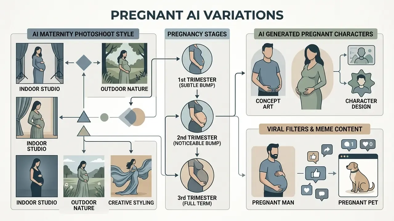 Categorized layout displaying maternity photoshoot styles, pregnancy stages, character art, and viral filters