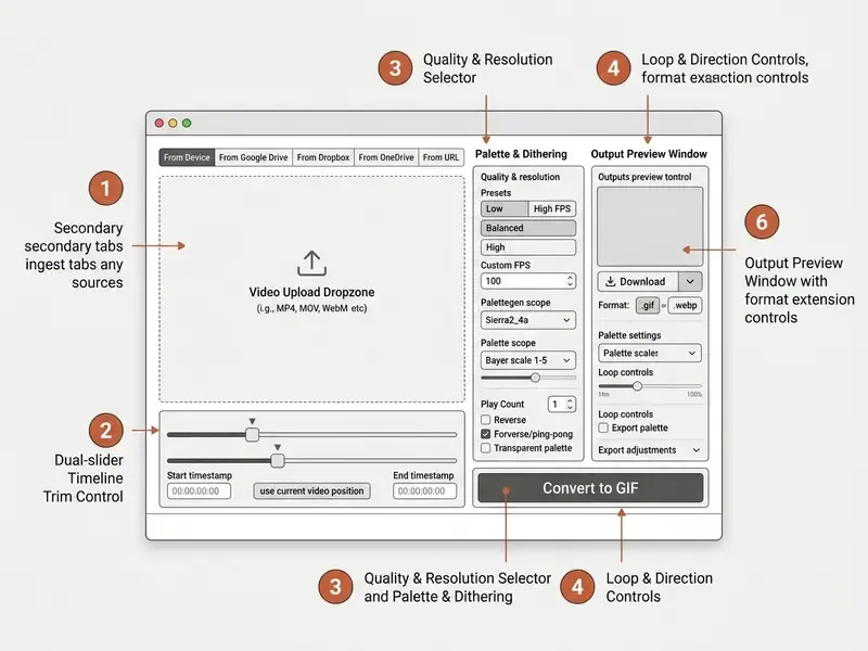 Annotated interface of a gif maker from video showing upload, trimming, and output customization tools
