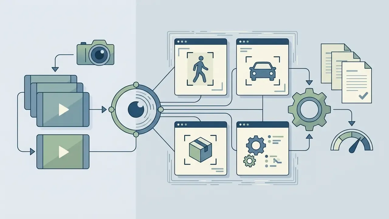 Visual analysis engine identifying people, vehicles, and objects within video frames to generate data reports