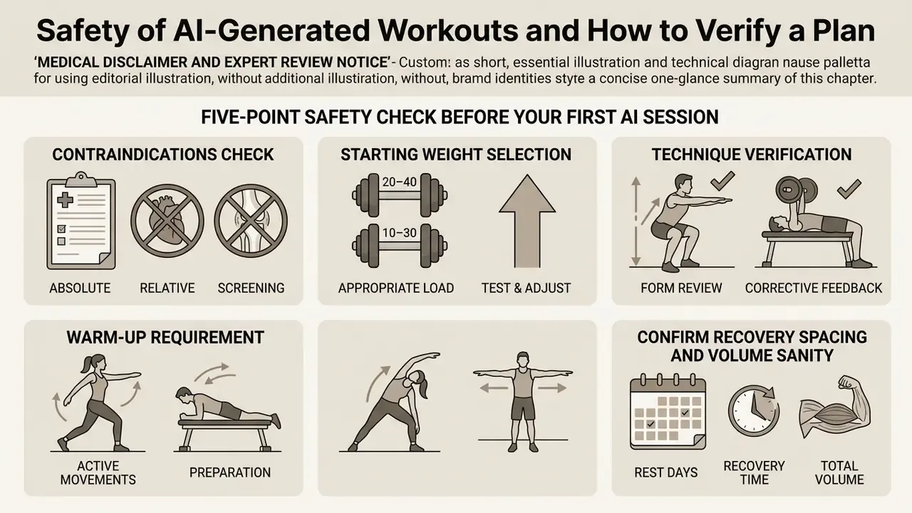 Five-point visual guide covering health screenings, weight selection, form checks, warm-ups, and recovery