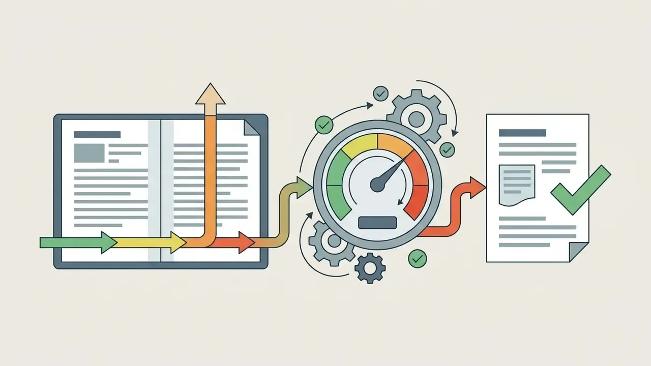 Book pages with arrows feeding into a gauge mechanism that outputs a validated report document