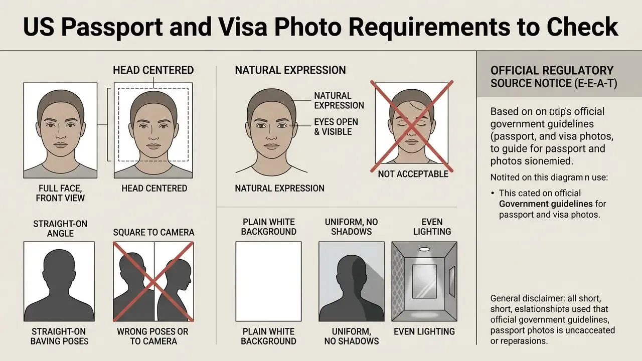 Visual guide showing correct head positioning, facial expressions, and lighting for passport photos