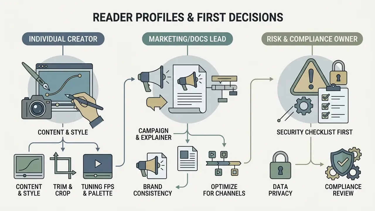 Infographic showing three reader profiles and their primary tasks when using a gif maker from video