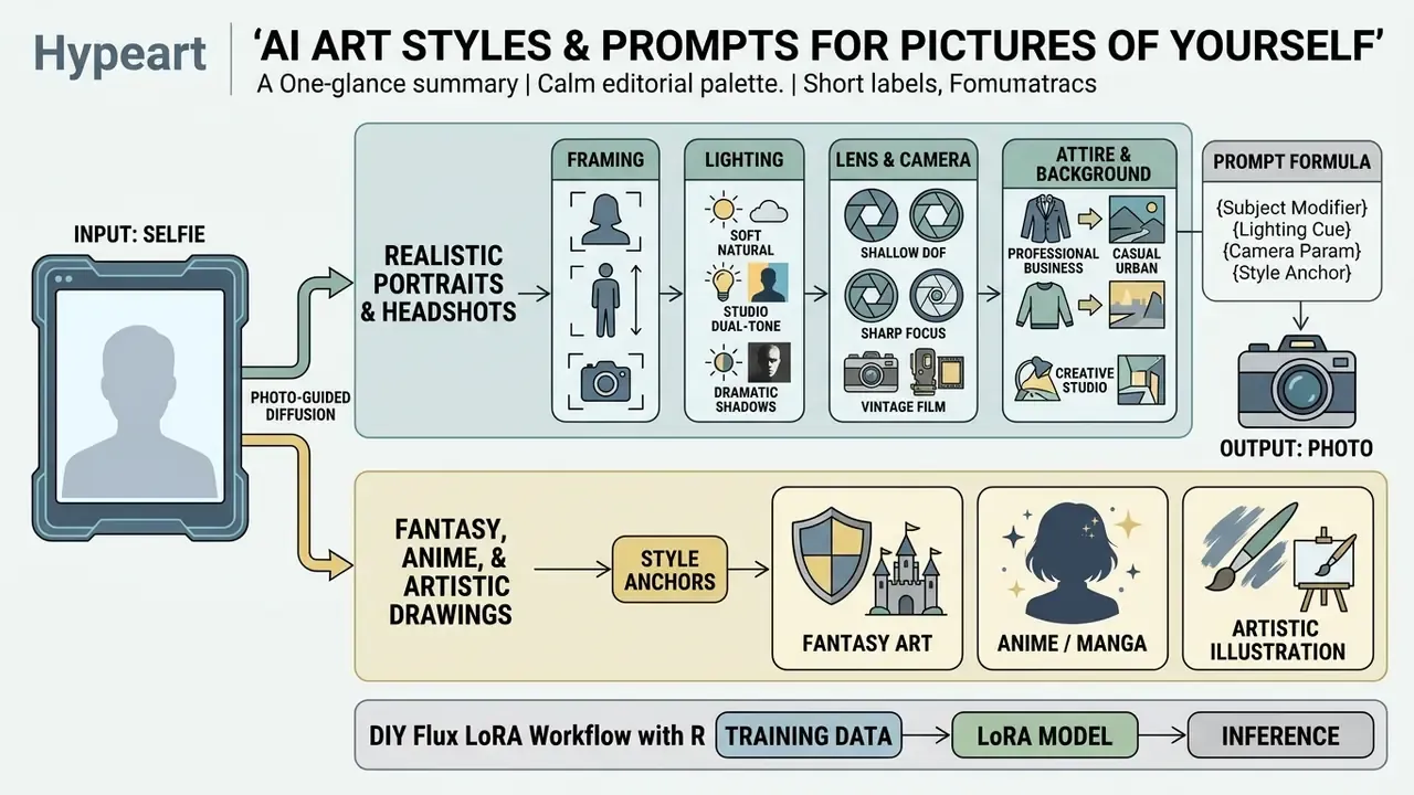 Infographic showing prompt components for realistic portraits and artistic styles from a selfie input
