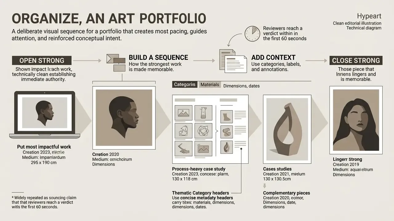 Diagram showing a sequential process to organize artwork into a portfolio that tells a visual story