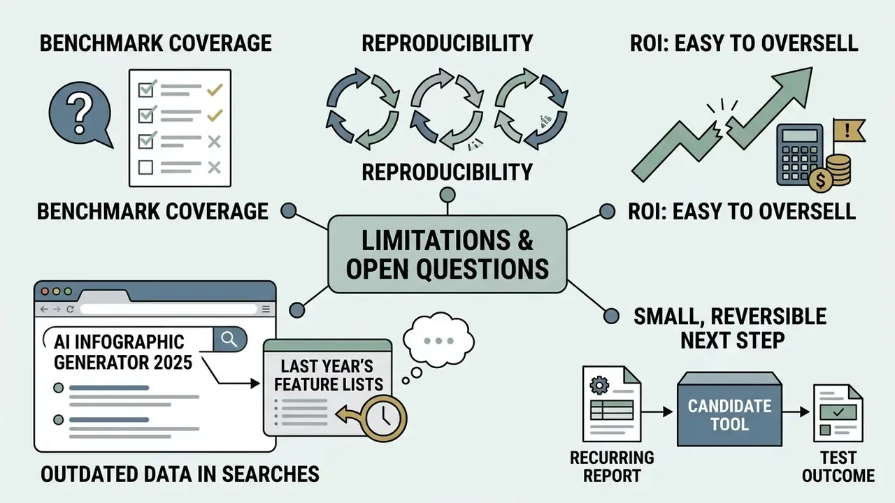 Mind map showing challenges like benchmark coverage, reproducibility, ROI, search results, and testing