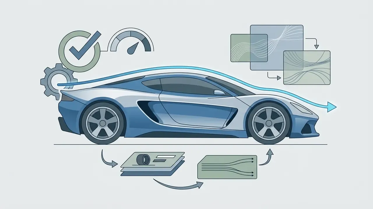 Blue sports car profile surrounded by technical icons representing design parameters and airflow analysis