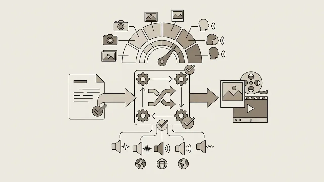 Process flow showing text input converting into media assets via a central engine with voice options