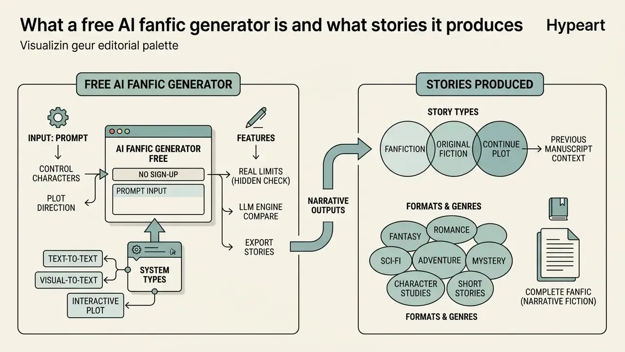 Flowchart showing how a free AI fanfic generator processes prompts into diverse narrative story types