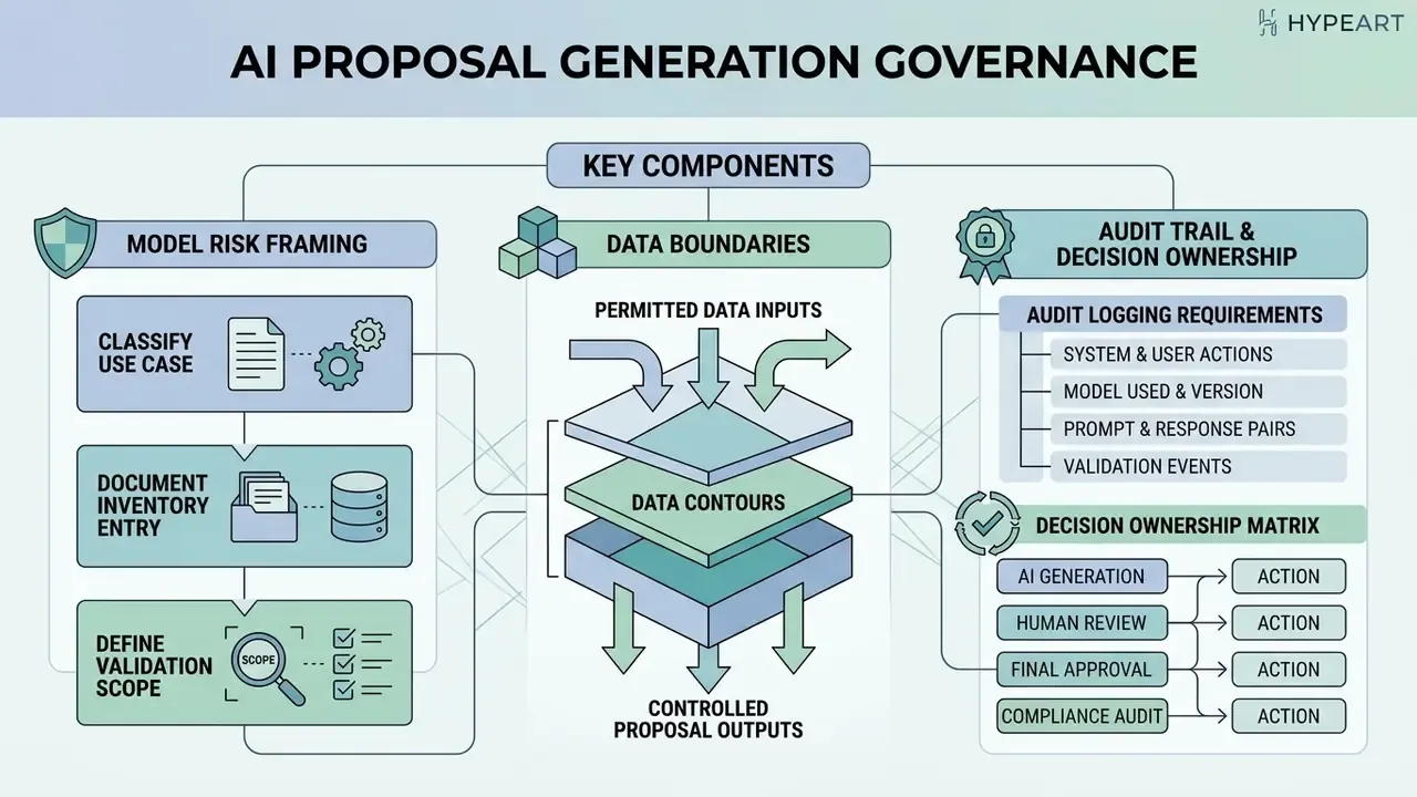 Framework showing model risk framing, data boundary controls, and audit trail requirements for automated systems