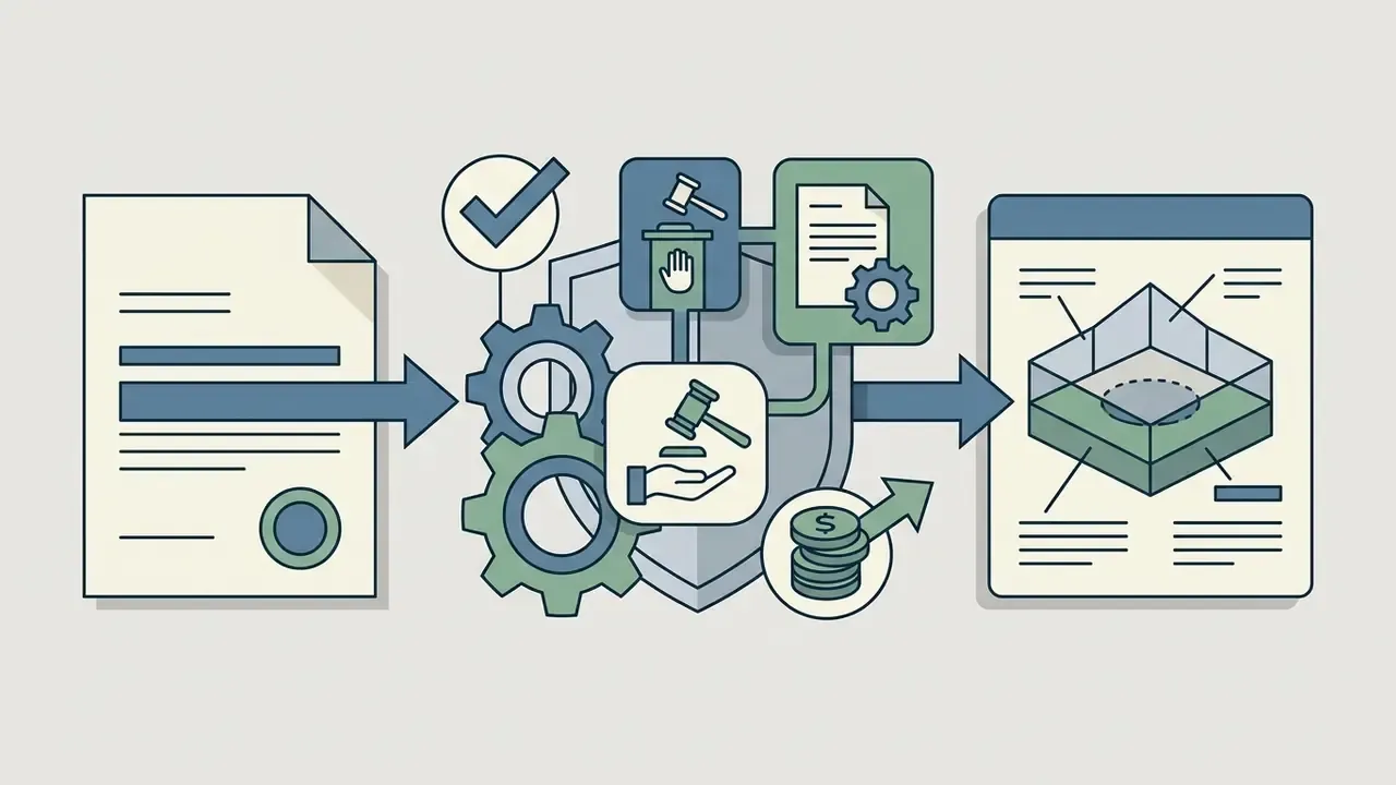 Document moving through gears and a shield icon toward a technical report showing legal defense mechanisms