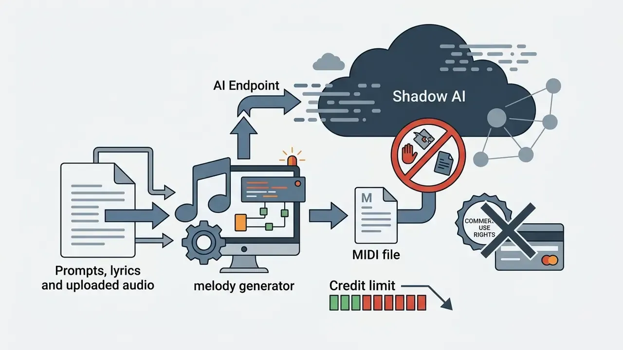 Diagram showing data flowing from user inputs to Shadow AI endpoints and restricted commercial rights