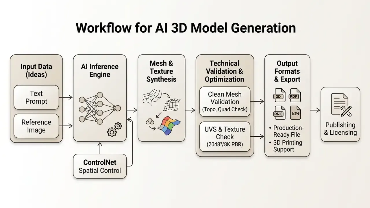 Flowchart detailing the steps from input data to final export for an AI 3D model generator